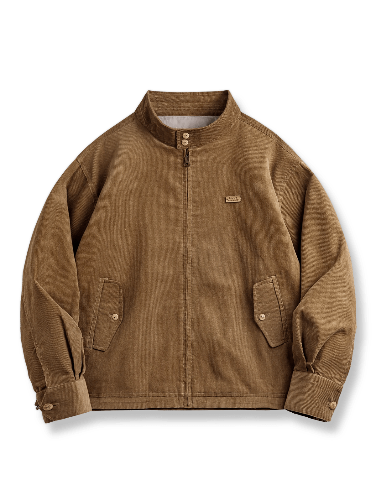 コーデュロイ素材のG9ハリントンジャケット。ダブルボタンスタンドカラー、黒白チェック裏地、ドローコード裾とフラップポケット付き。