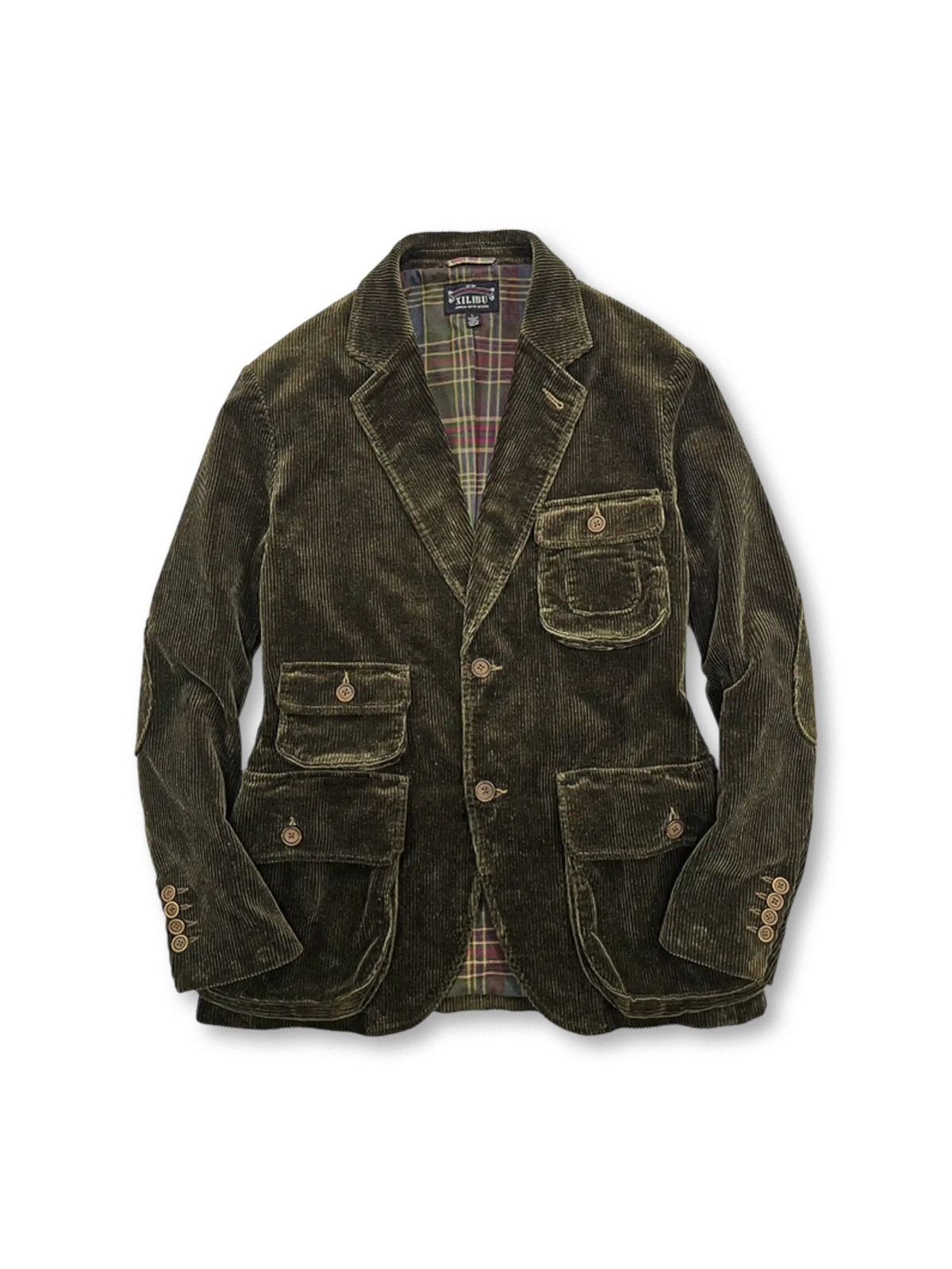 硫化染めカーキとスコットランドチェックライニングが特徴の高密度コーデュロイハンティングジャケット。多用途で快適な着心地