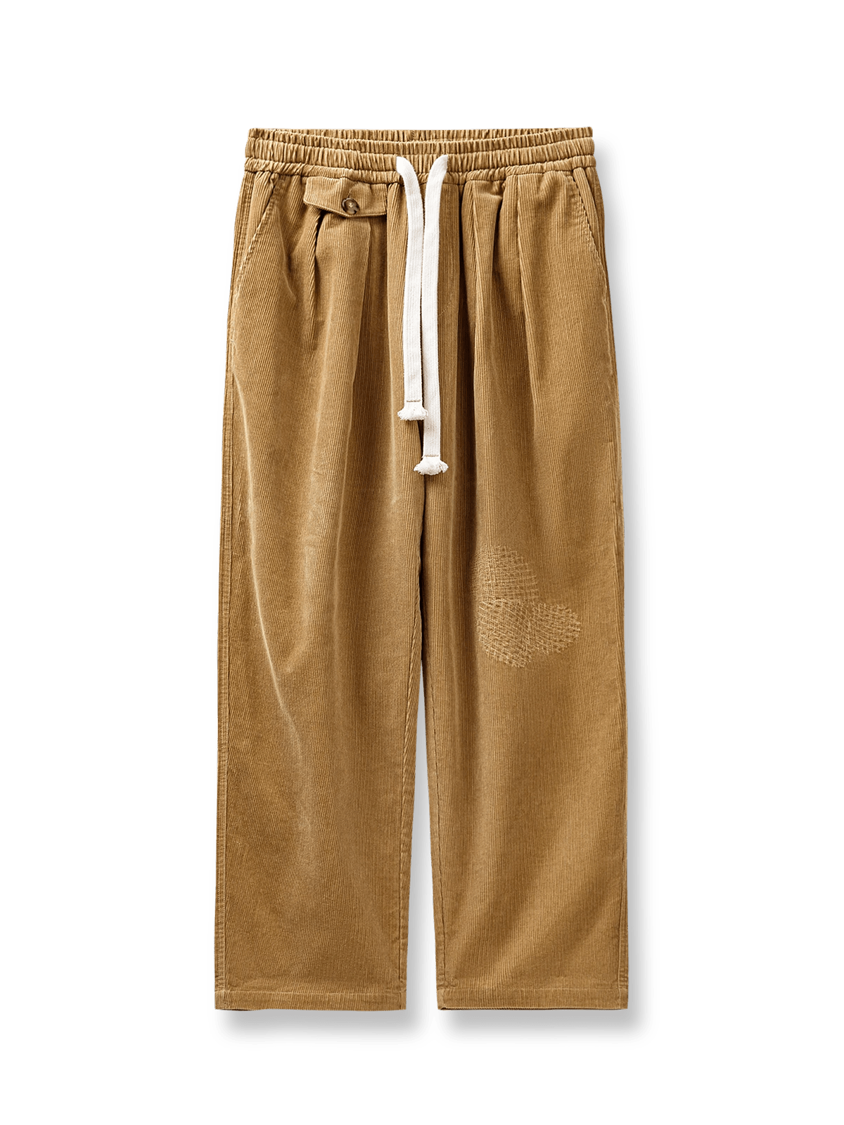 刺繍パッチと乱れステッチがアクセントのルーズフィットワイドコーデュロイパンツ。