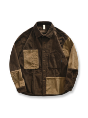 レトロなカラーブロックパッチワークと保温性のある厚手コーデュロイ素材のシャツ。アシンメトリーポケット付き。