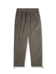 ウエスト裏に花柄をあしらったテーパードシルエットのコーデュロイスラックスの全体と生地感を写した写真