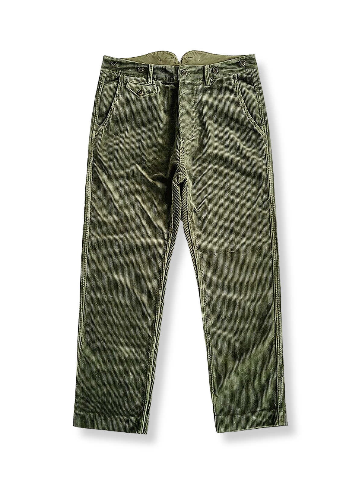 コーデュロイ素材の畝感とストレートシルエット、実用的なポケットが特徴のワークパンツの全体像。