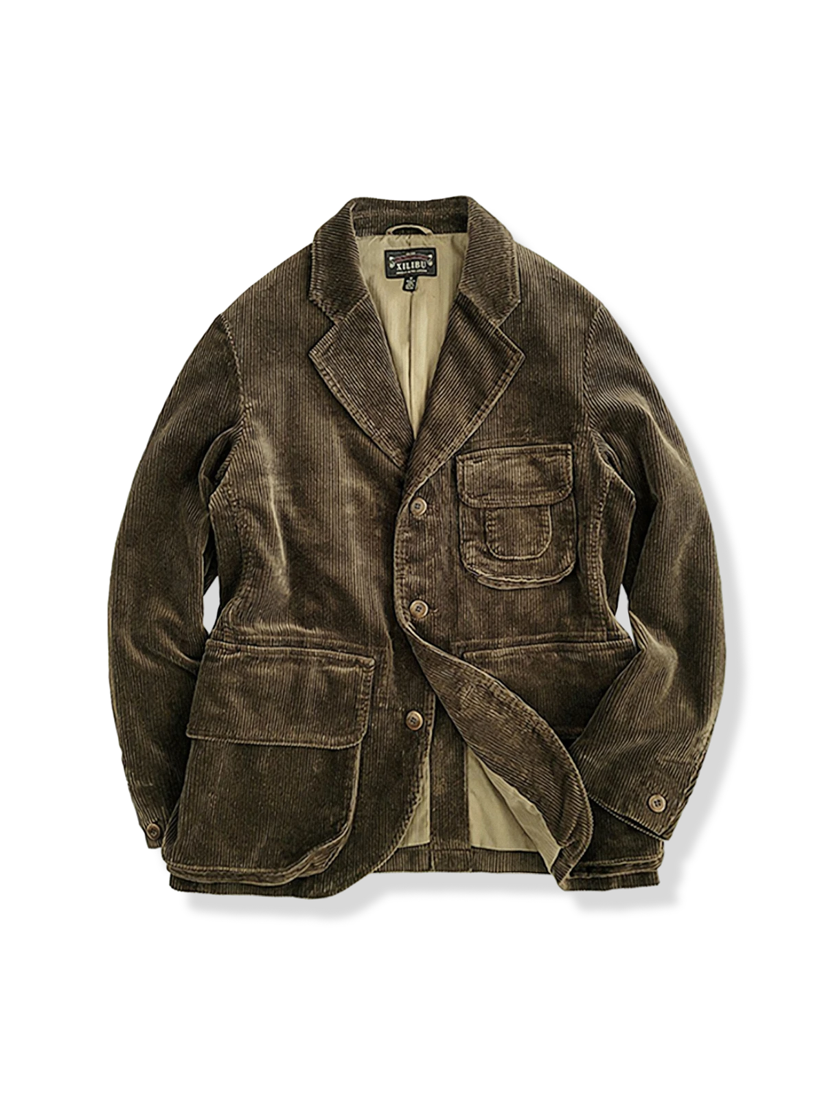 マルチポケット付きのブラウンコーデュロイテーラードジャケット