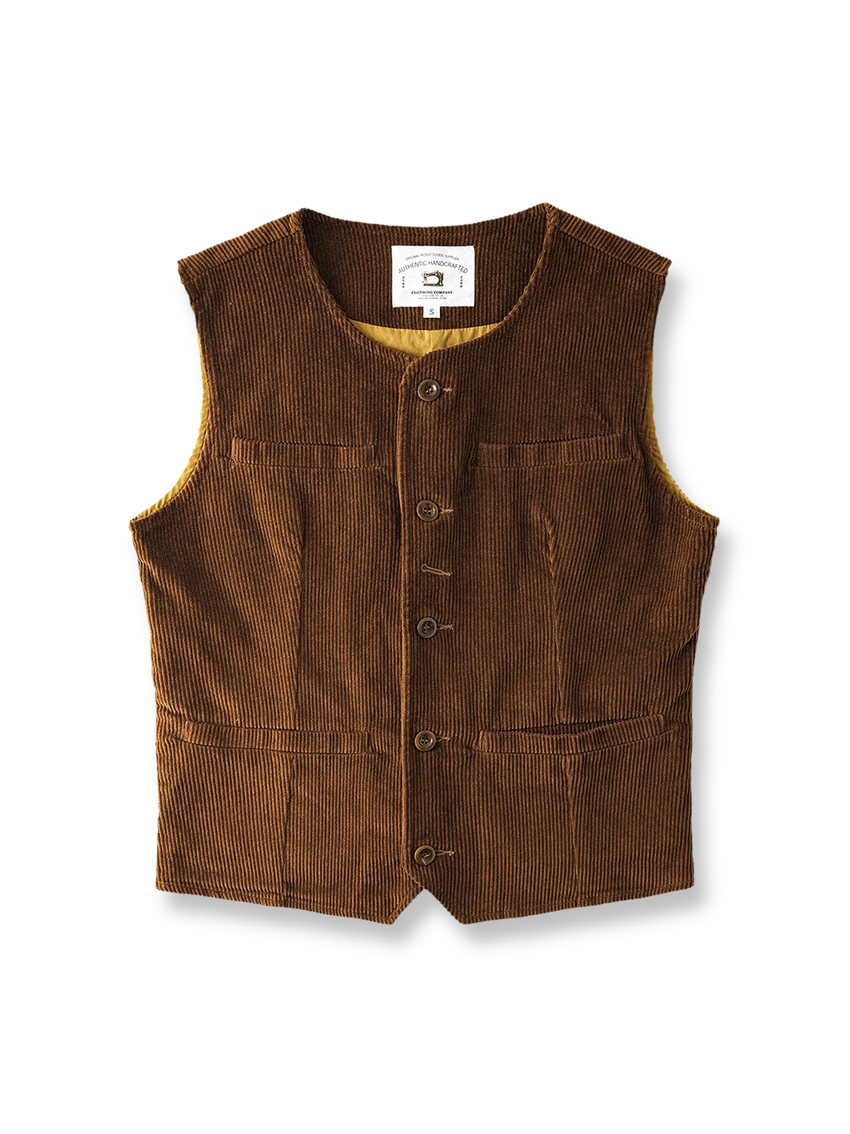 320gの全綿コーデュロイ生地を使用し、ピーチスキン加工が施されたワークベスト。多ポケットと牛角ボタンがレトロな雰囲気を演出。