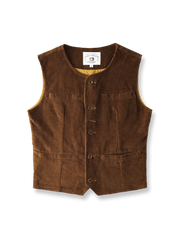 320gの全綿コーデュロイ生地を使用し、ピーチスキン加工が施されたワークベスト。多ポケットと牛角ボタンがレトロな雰囲気を演出。