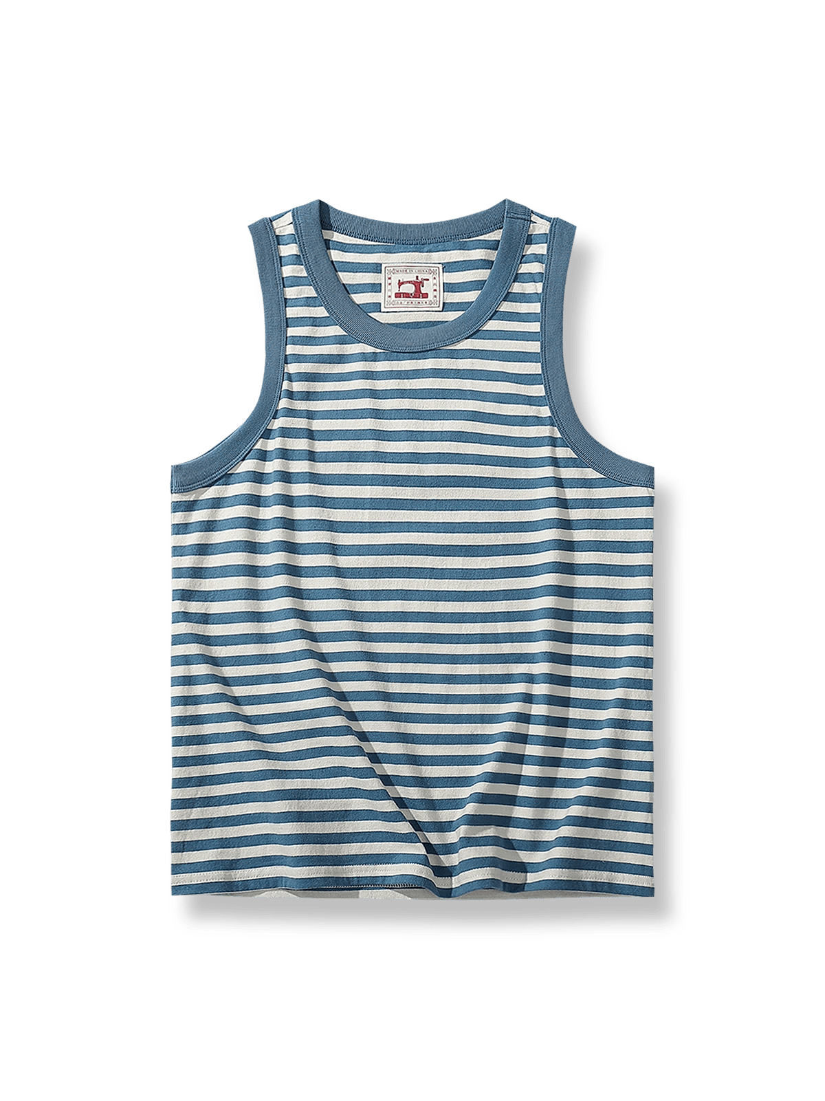 ブルーとホワイトのブレトンストライプが施されたコットンウォッシュドセーラーノースリーブタンクトップ
