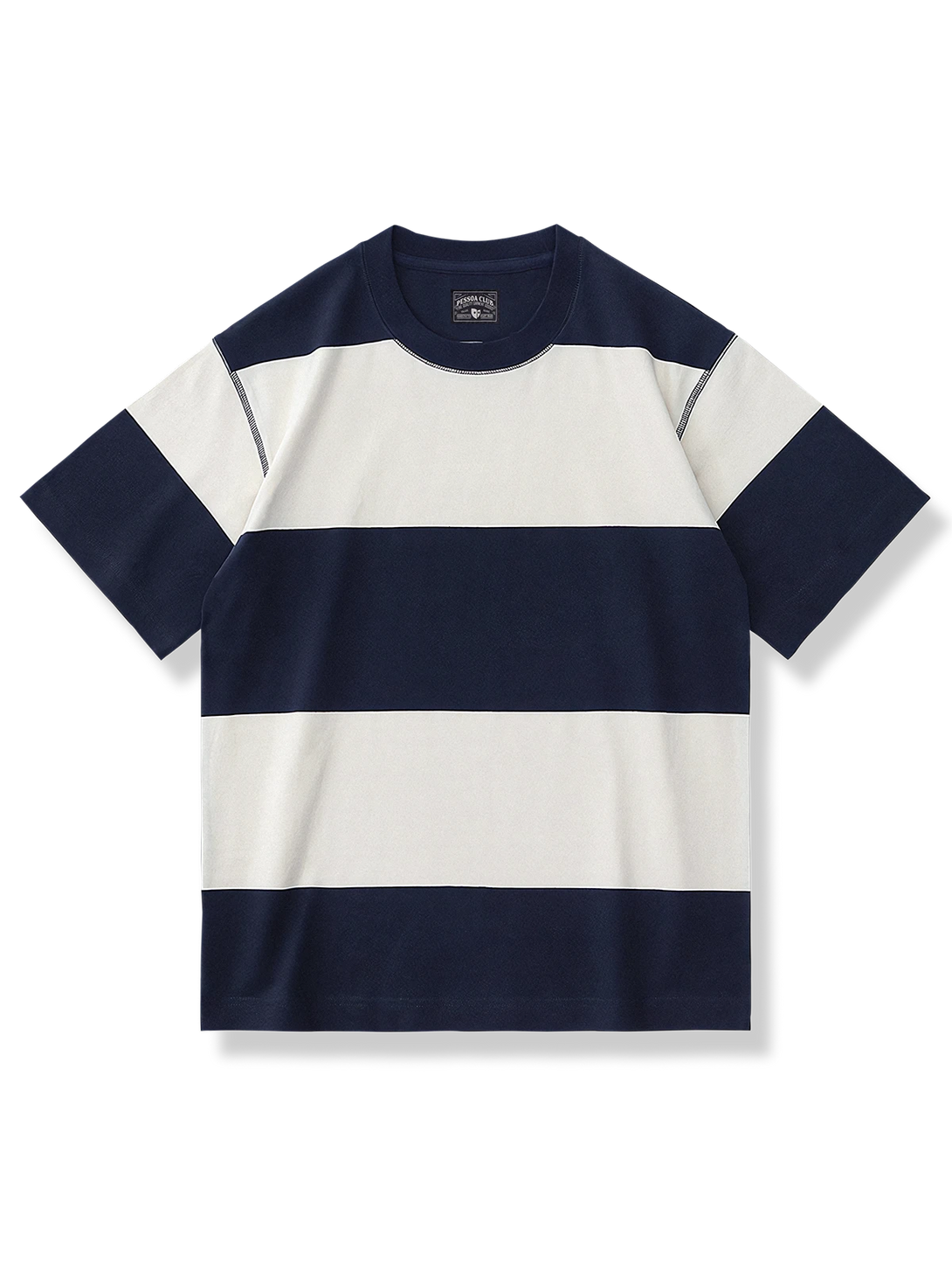 16cm幅の太ボーダーを配したゆったりシルエットのコットンTシャツ。