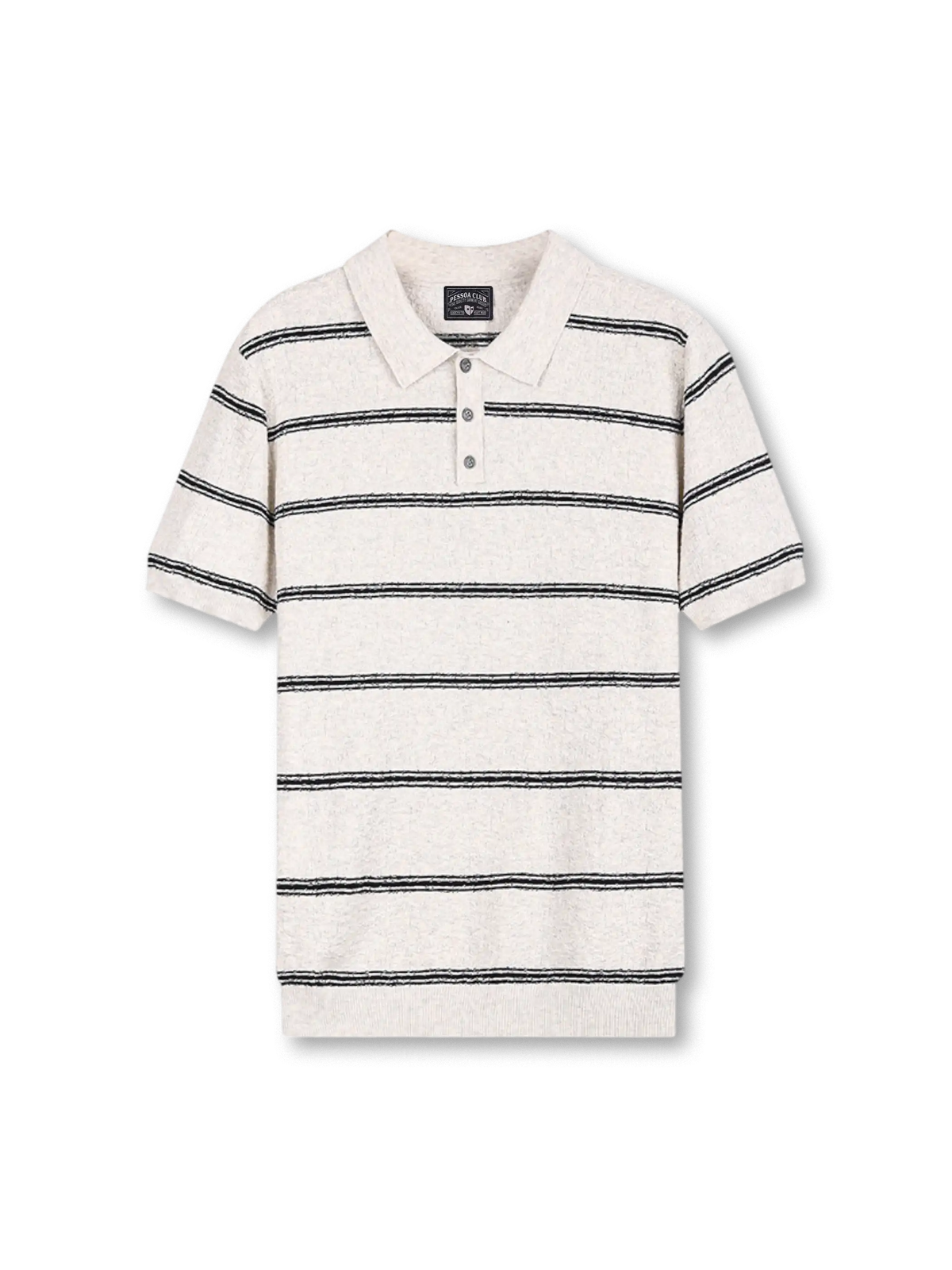 クリンクル加工のストライプとアイスシルク素材が映えるポロシャツ
