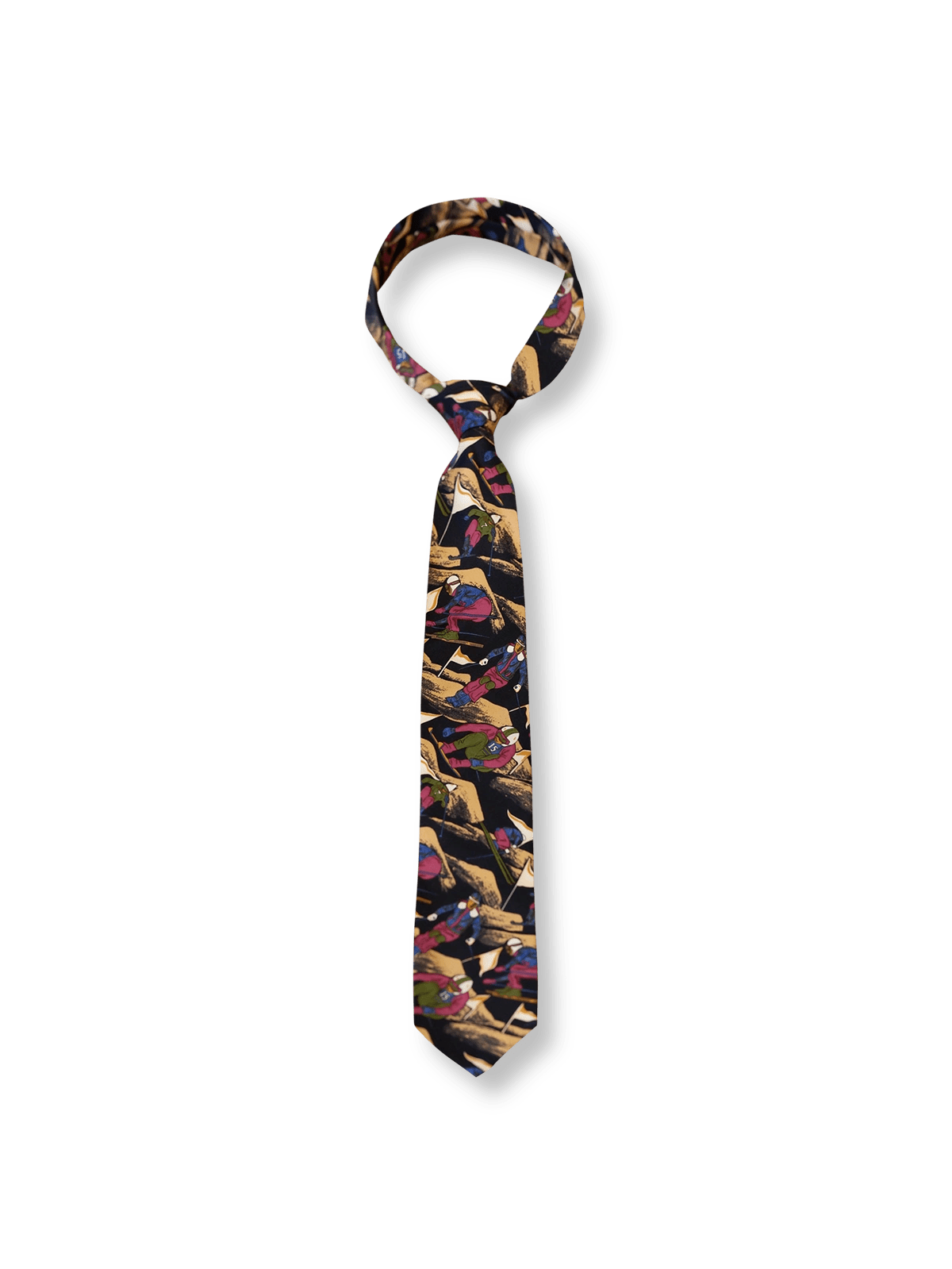 クロスカントリースキー柄をプリントしたヴィンテージ風シルクネクタイ