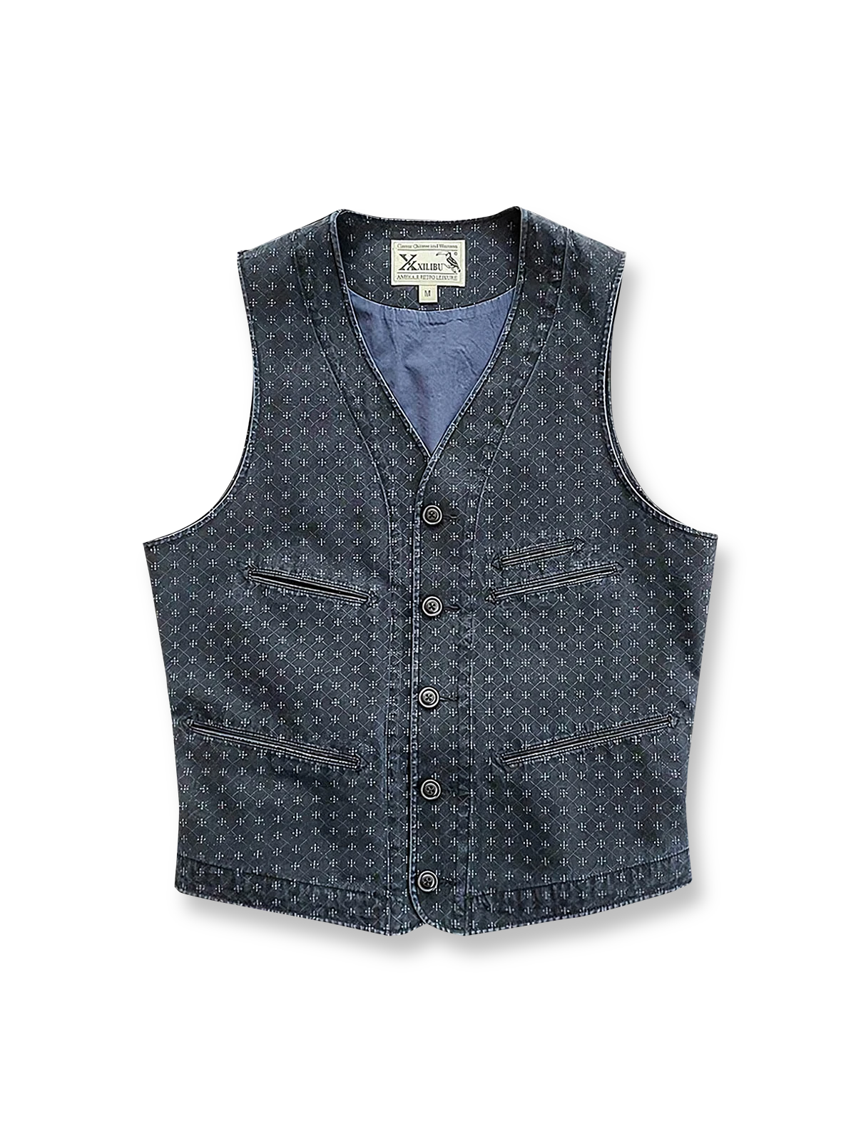 ウォッシュドスクラッチ加工とクロスプリントのジャカードデザインが特徴の100%コットンベストの全体像。