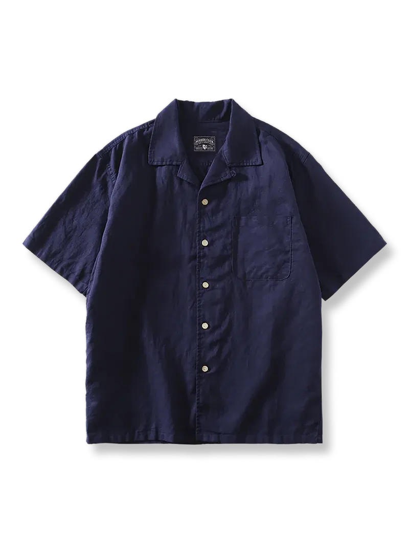 グレーリネン素材のキューバンカラ―半袖シャツ