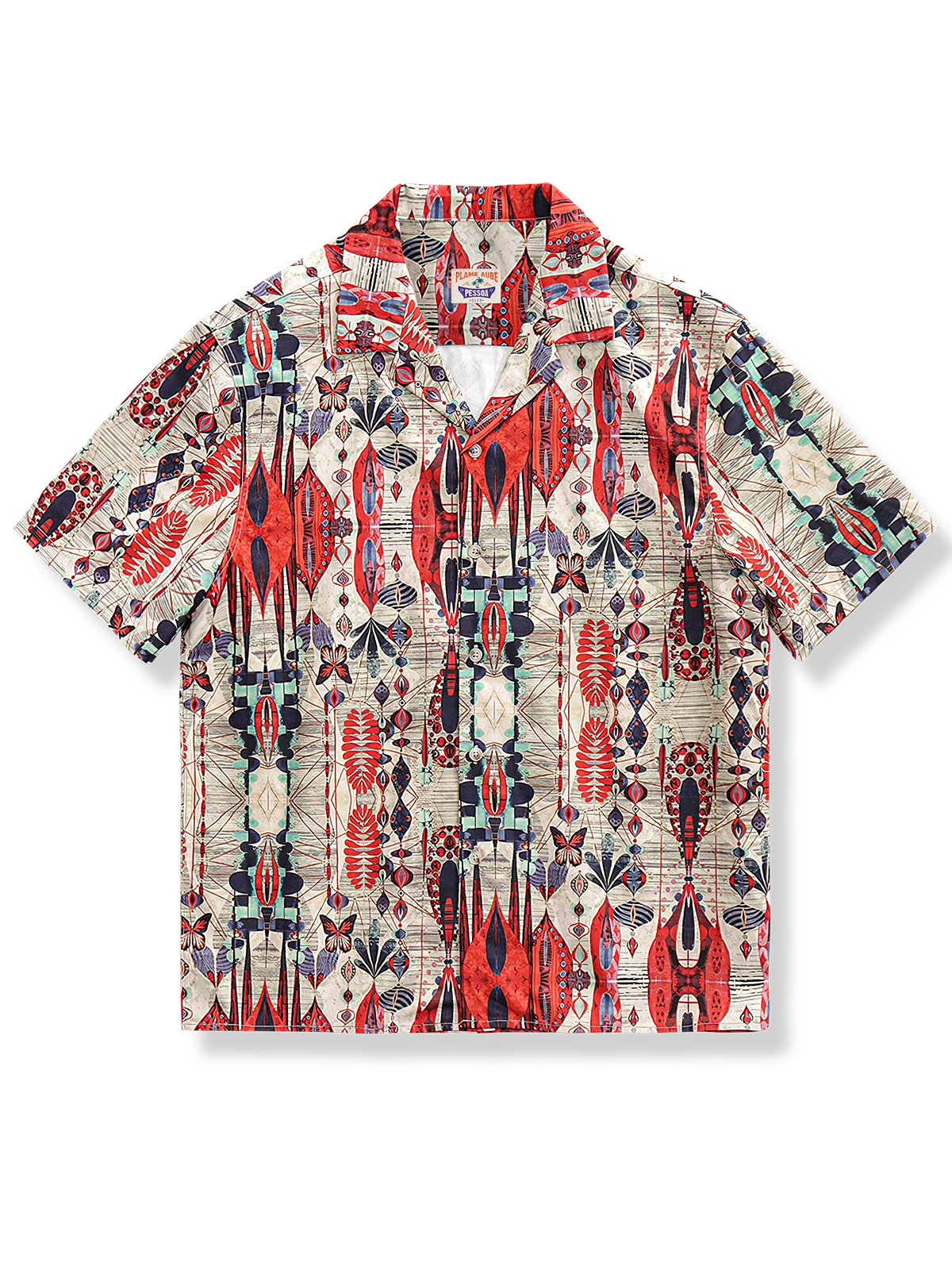 キューバカラーの赤いアロハシャツ。