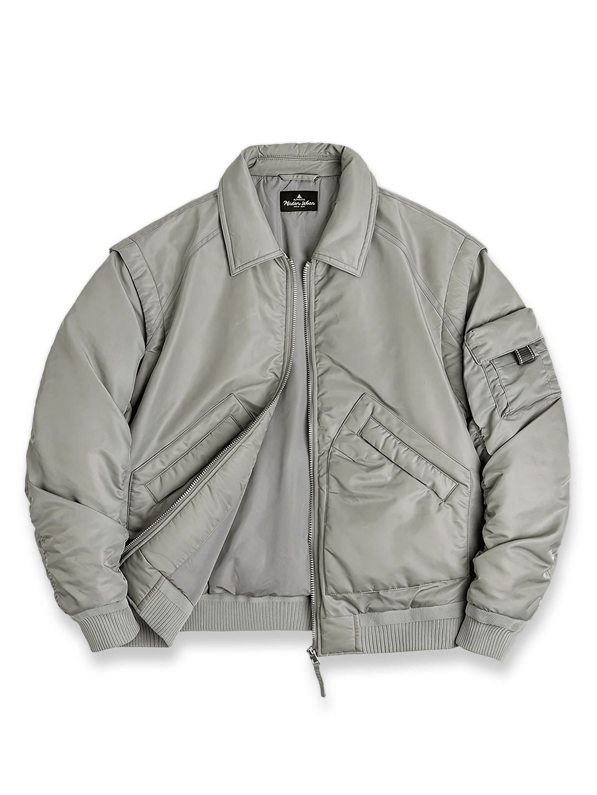 グレイグリーンとオレンジライニングが特徴のCWU‑45Pフライトジャケット。