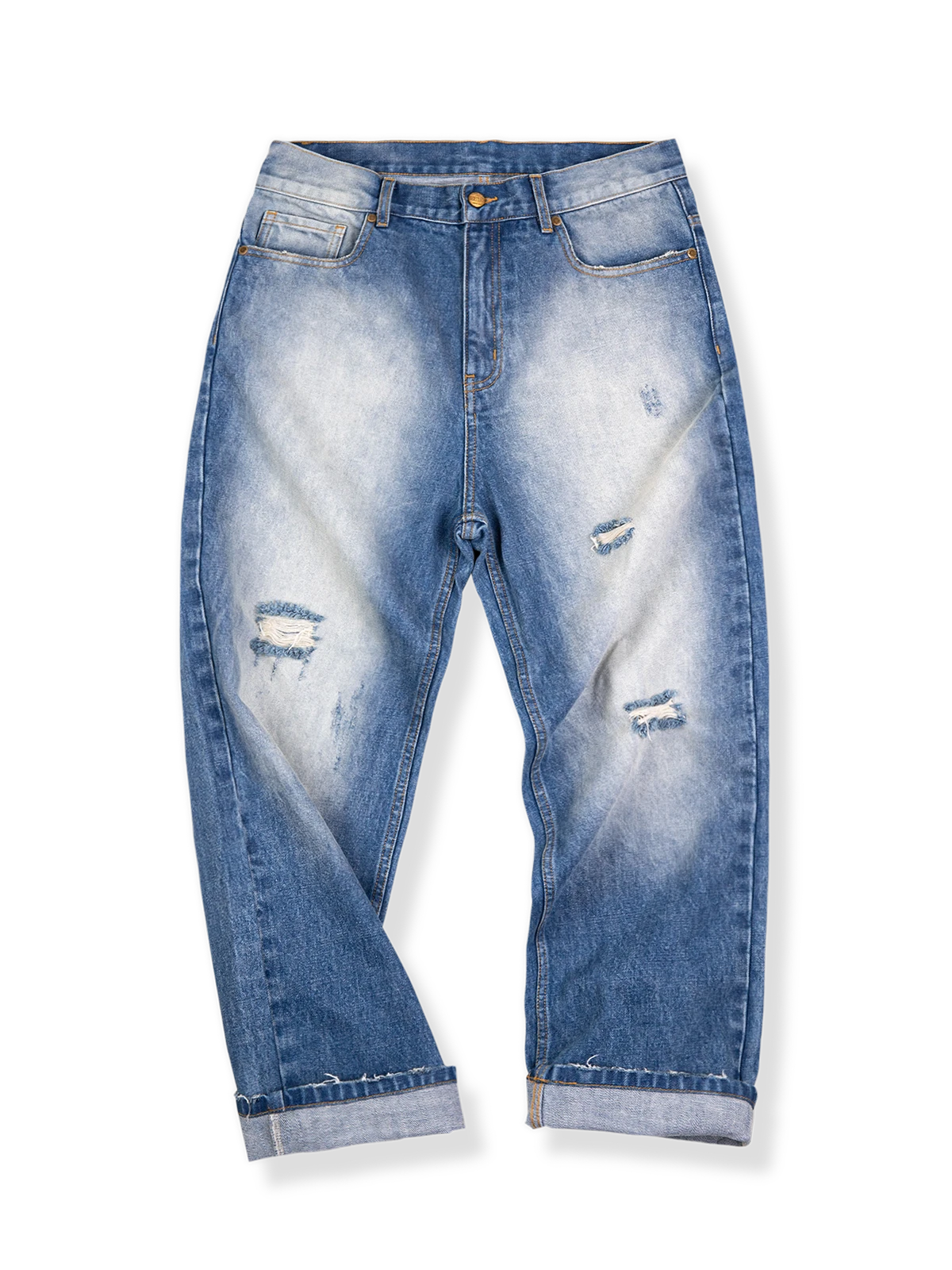 ダメージ加工が施されたストレートデニムパンツ、古着風カラーと深めの股上で快適な履き心地を実現