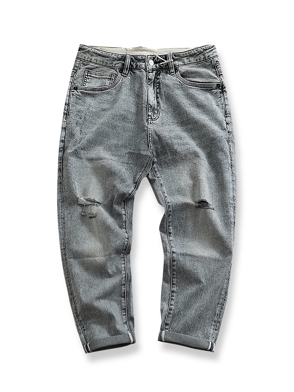 ダメージ加工とストレッチ素材を使用したヴィンテージ感のあるテーパードデニムパンツ