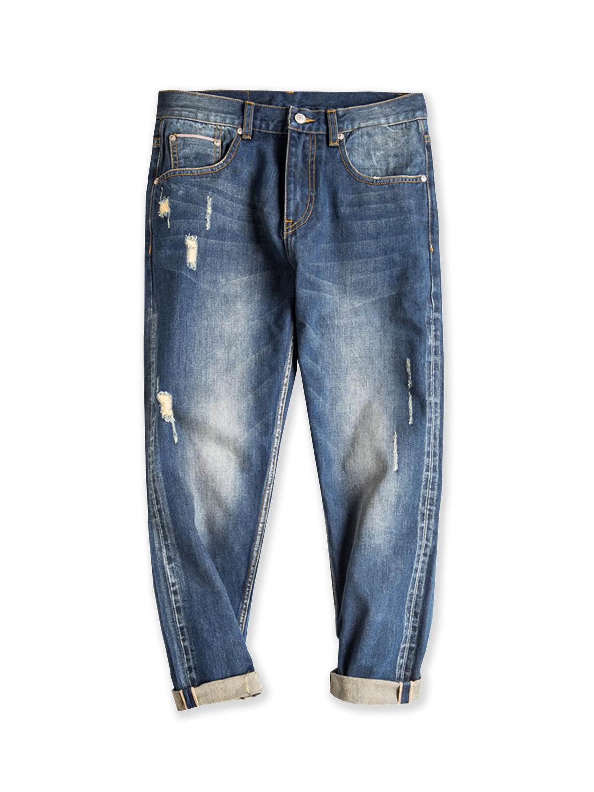ダメージ加工とウォッシュ加工を施した赤耳セルビッジデニムパンツ。細身のストレートシルエットで九分丈デザイン。経年変化と多彩なスタイリングに対応。