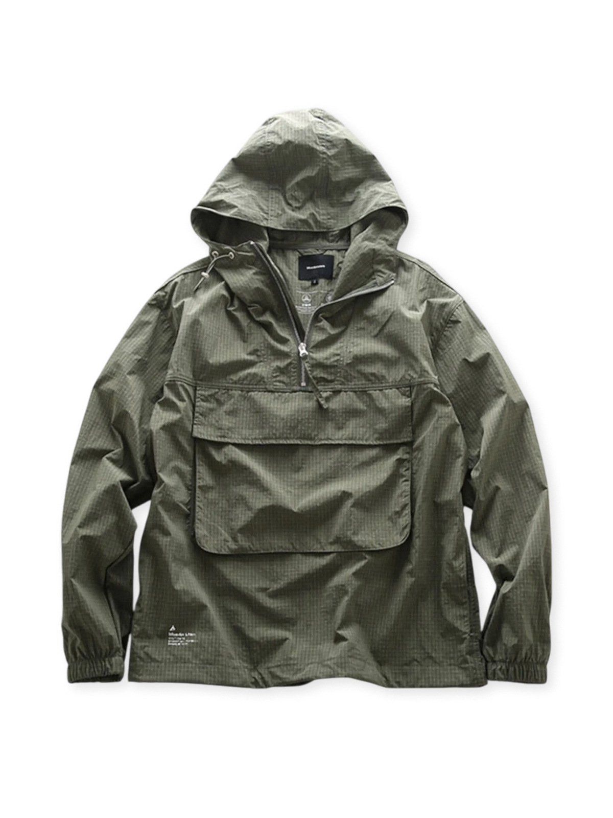 軽量速乾性ポリエステル生地のダークチェック柄ハーフジッププルオーバーウインドブレーカー。