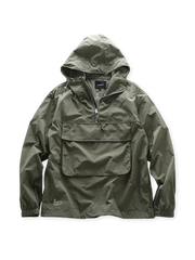 軽量速乾性ポリエステル生地のダークチェック柄ハーフジッププルオーバーウインドブレーカー。