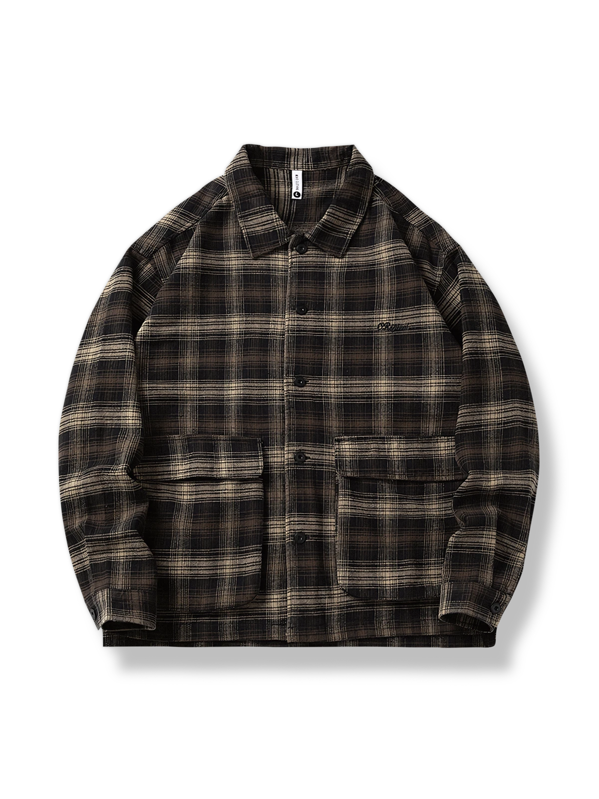 ダークトーンのチェック柄長袖シャツ