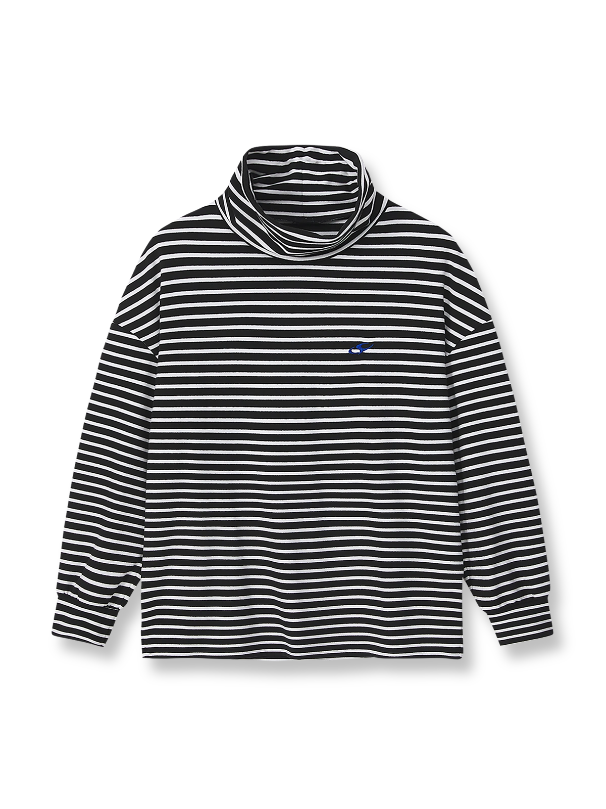 デロン素材のモックネックインナーに胸刺繍ロゴとストライプ柄があしらわれた全体像。