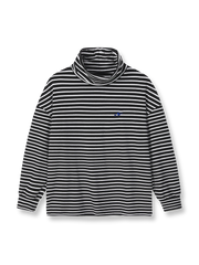 デロン素材のモックネックインナーに胸刺繍ロゴとストライプ柄があしらわれた全体像。