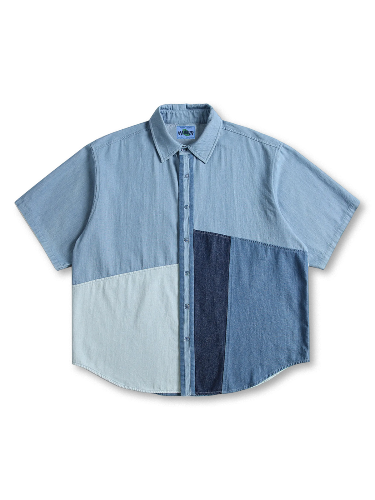 三種のデニムパネルを斜めに切り替えたショートスリーブシャツ