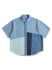 三種のデニムパネルを斜めに切り替えたショートスリーブシャツ