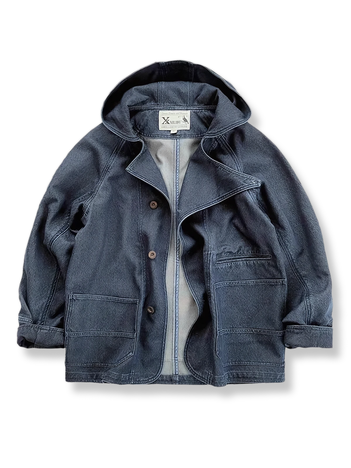 フード付きのコットンデニムコート。