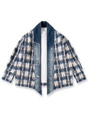 デニムパッチワークとチェック柄を組み合わせた竹節編み素材のはんてん