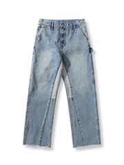 赤耳デニムとパッチワークデザインが特徴のヴィンテージ風ロガーパンツ