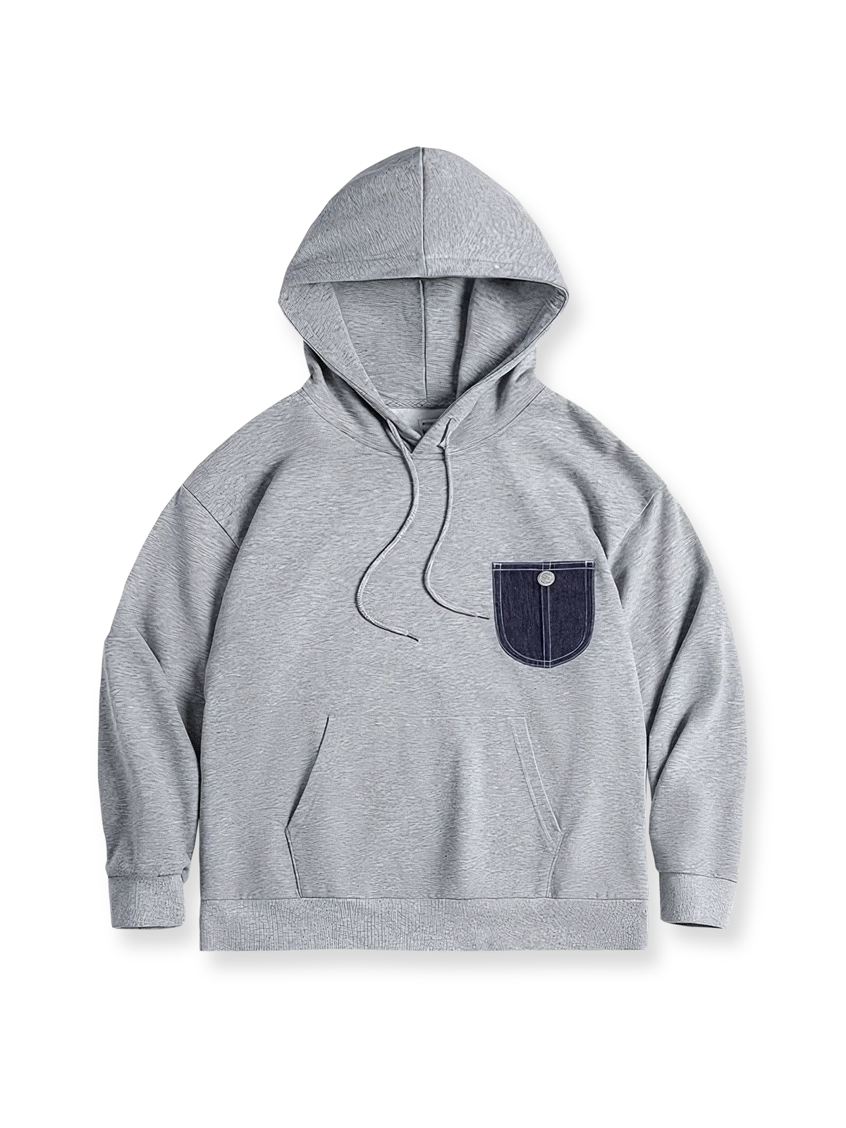 デニムポケットと霜降り模様が特徴のストレッチコットンパーカー、ゆったりシルエットで春秋に最適