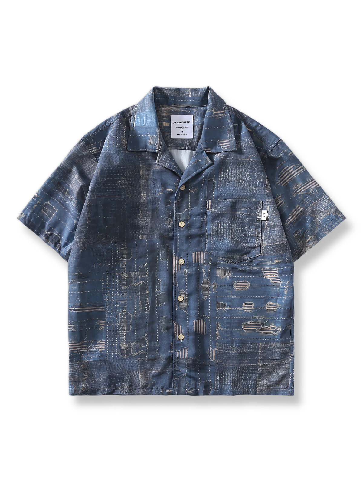 デニム生地の織り目と色ムラをリアルに再現したプリント半袖シャツ