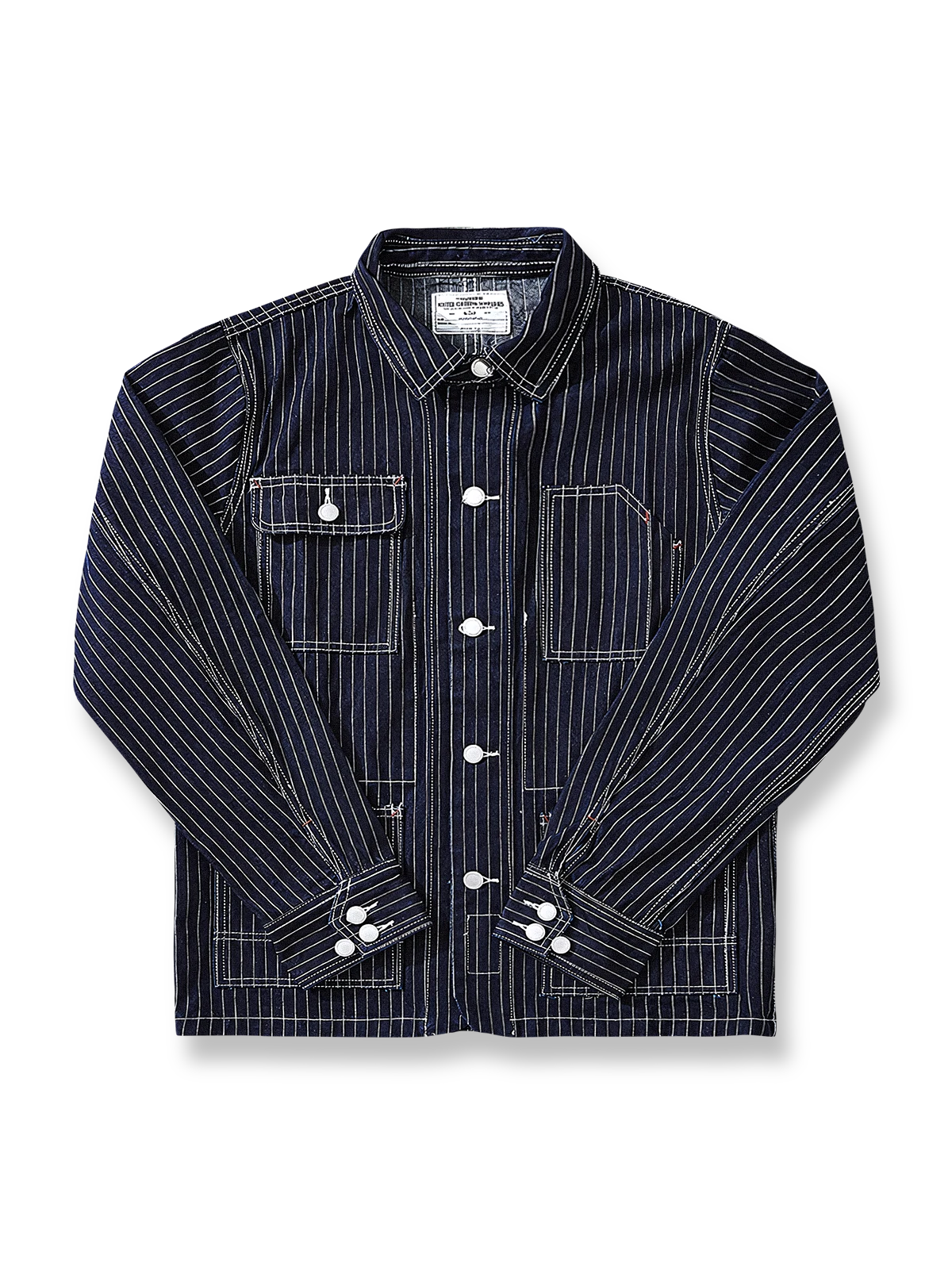 ブルー×ホワイトストライプの13.5ozデニムワークジャケット。真鍮ボタンと多機能ポケット付き。