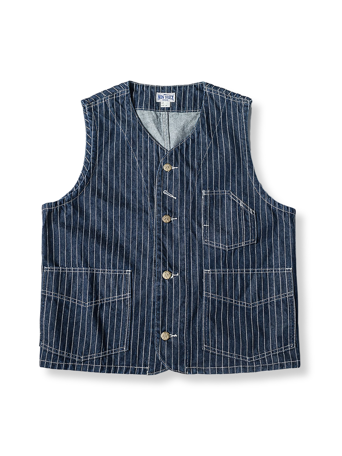 大きなポケットと調整ストラップが特徴のデニムワークウェアベスト。