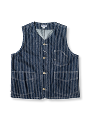 大きなポケットと調整ストラップが特徴のデニムワークウェアベスト。