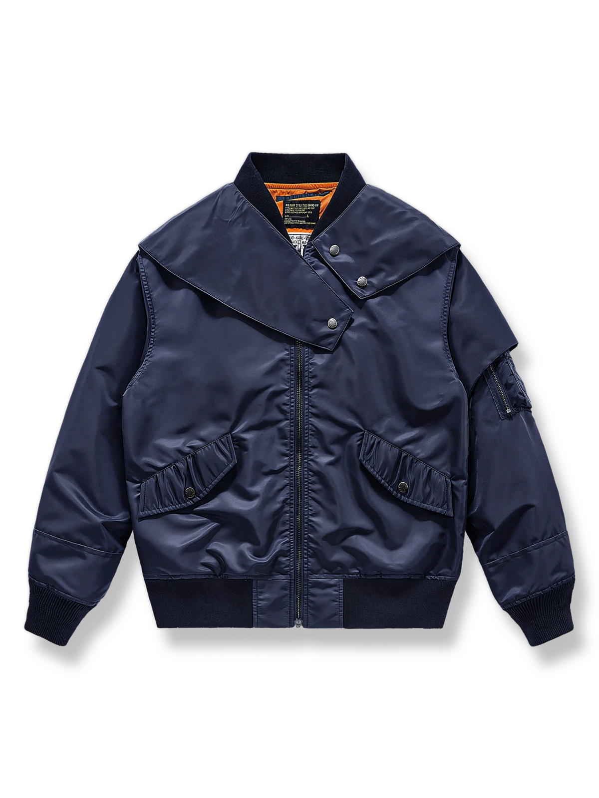 取り外し可能なボタン襟と多機能ポケットを備えたネイビーブルーのMA-1フライトジャケット。