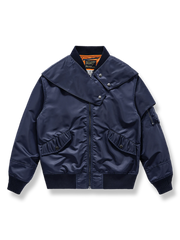 取り外し可能なボタン襟と多機能ポケットを備えたネイビーブルーのMA-1フライトジャケット。