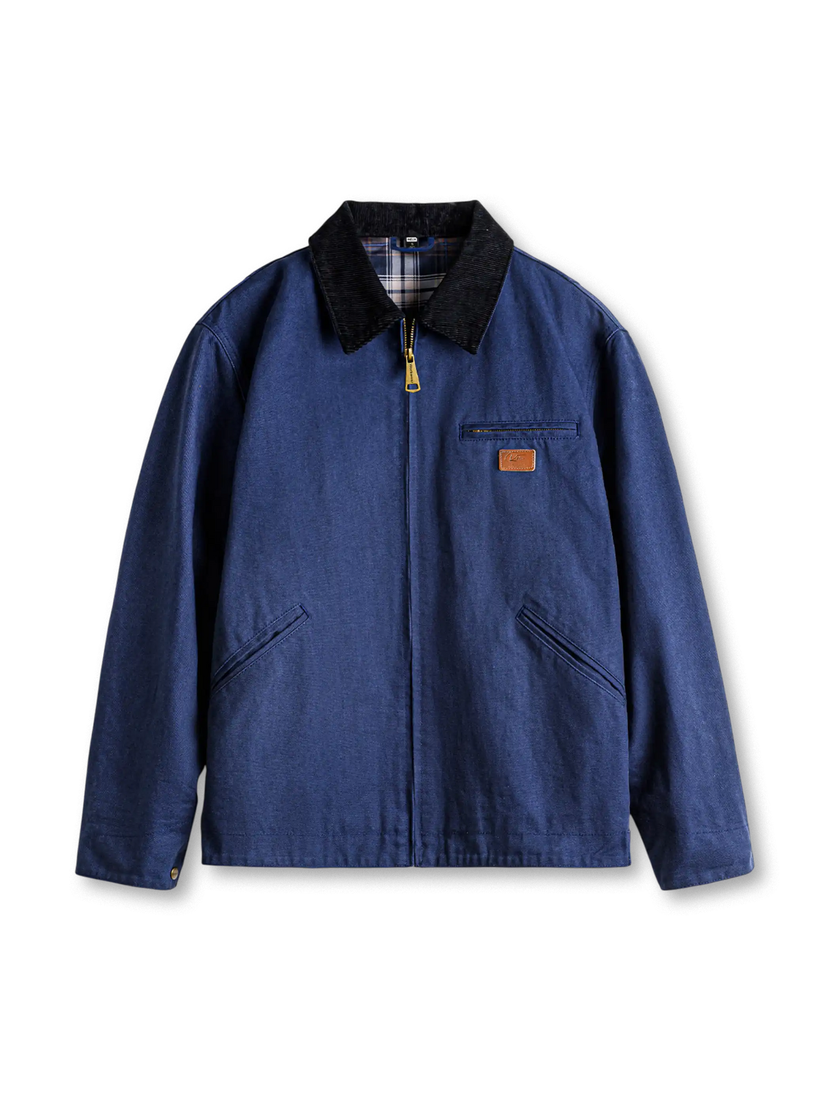 デトロイト型の短丈キャンバスジャケット、コーデュロイ襟、フロントジップ、胸横ポケットと斜めポケット、チェック裏地と裾調整スナップ付き