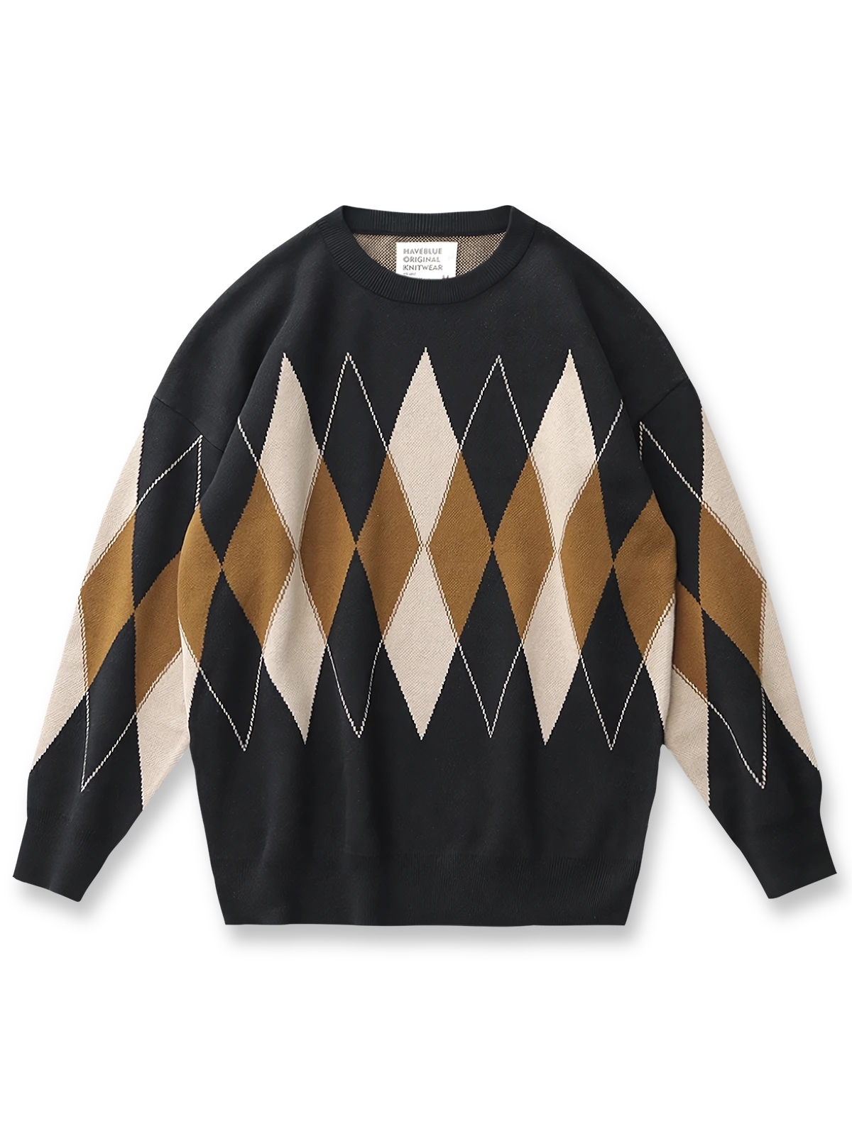 ダイヤ柄ジャカードとリブクルーネックが特徴のコットンニットセーター。