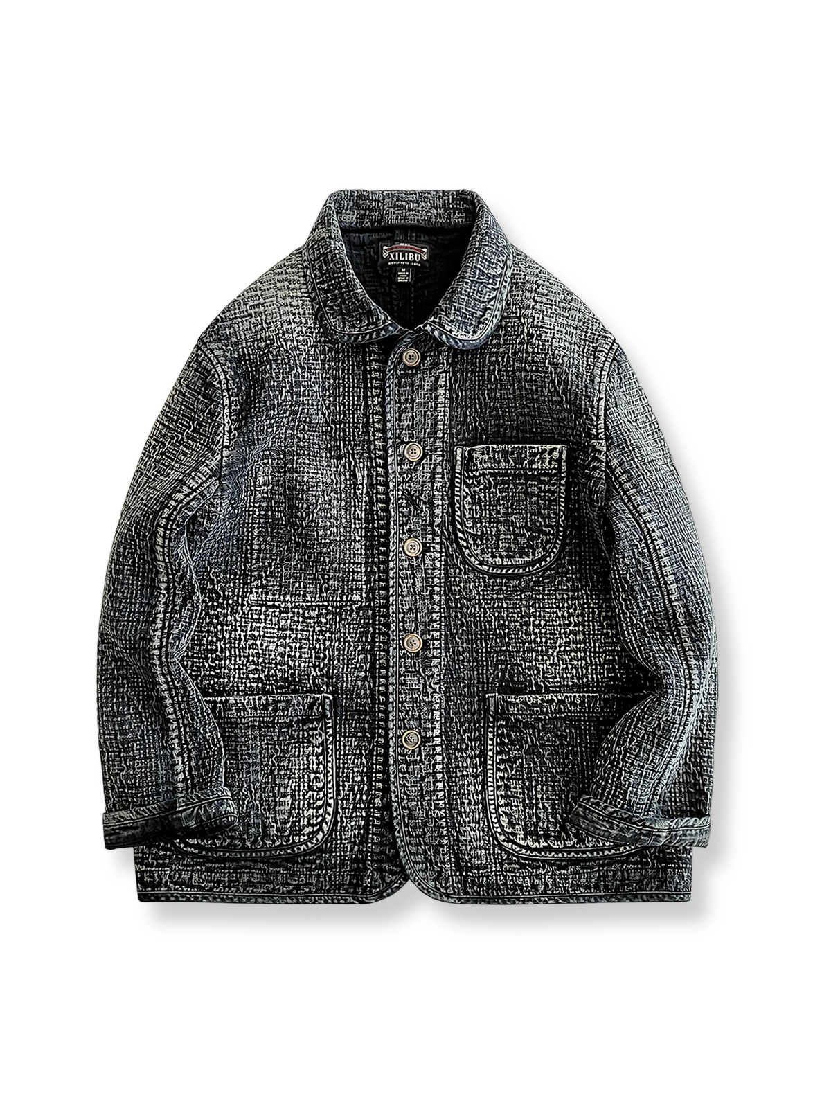 刺し子生地に抜染加工を施し、牛角ボタンが映えるヴィンテージワークジャケット