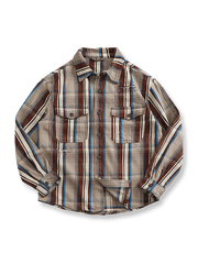 ダメージパッチとクラシックなチェック柄が特徴のアメリカンヴィンテージスタイルシャツ