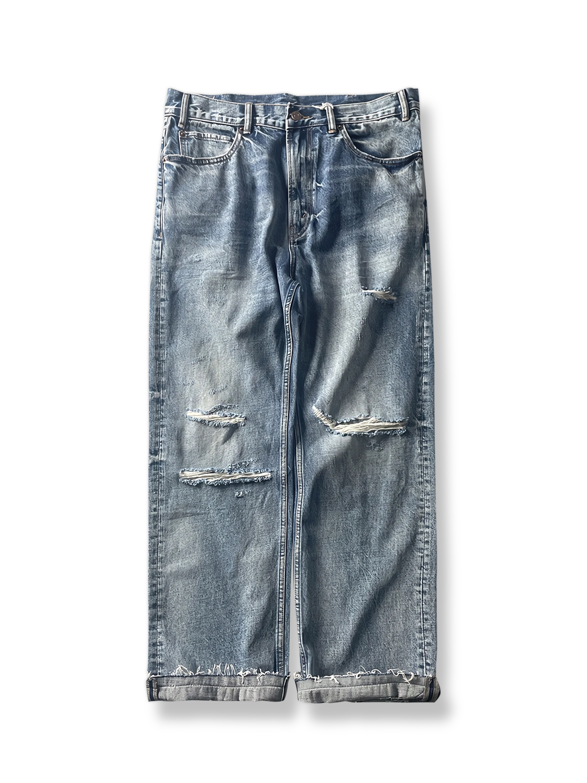 ダメージ加工が施されたストレートシルエットのデニムパンツ