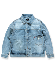 ダメージ加工とウォッシュ加工を施したヴィンテージ風デニムジャケット