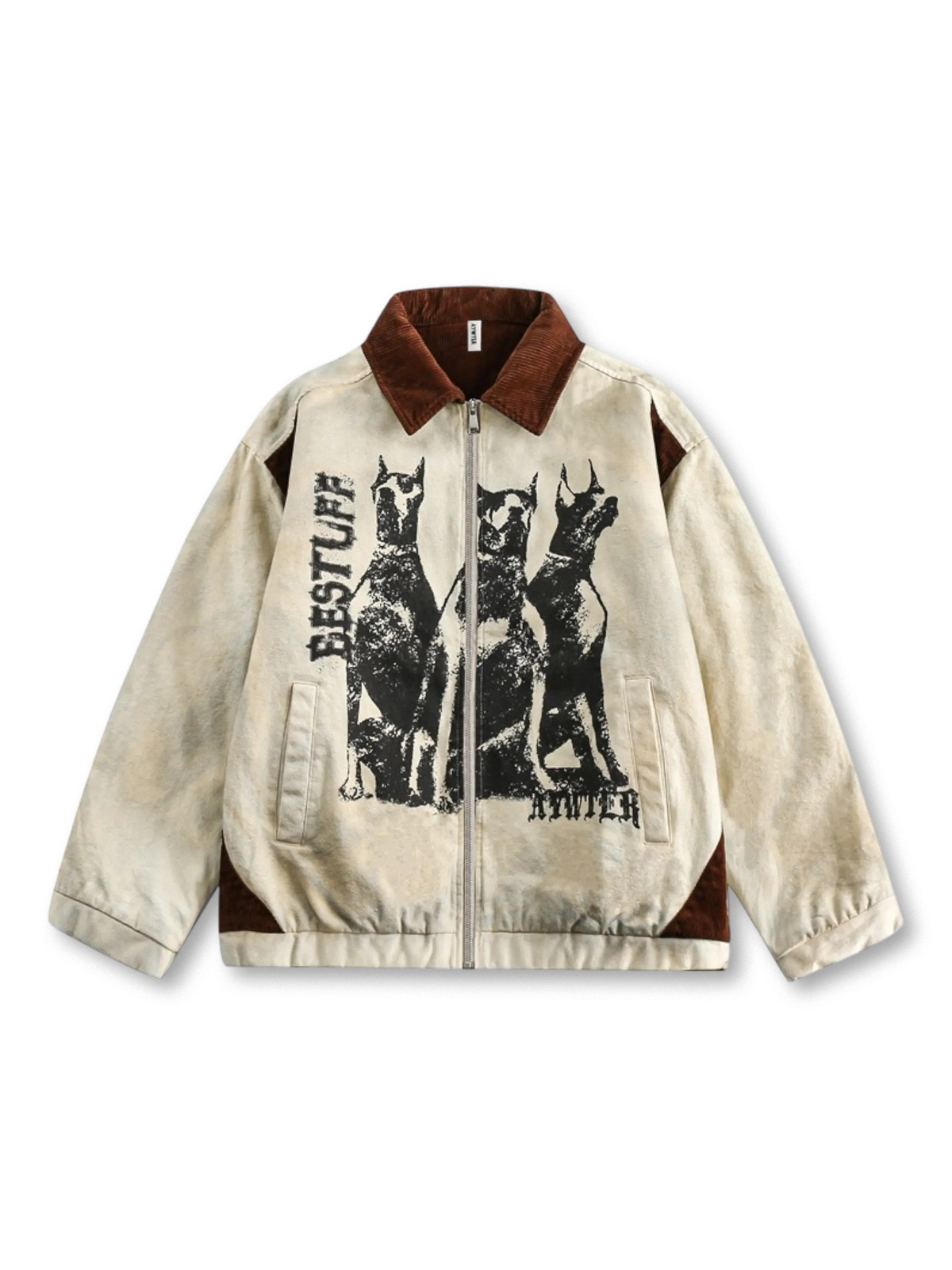 ドーベルマンプリントとコーデュロイラペルが特徴のアメリカンワークウェア風ワークジャケット。ウォッシュ加工による柔らかな着心地とヴィンテージ感が魅力。