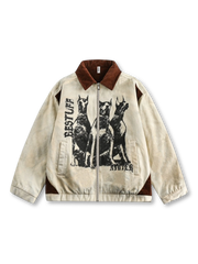 ドーベルマンプリントとコーデュロイラペルが特徴のアメリカンワークウェア風ワークジャケット。ウォッシュ加工による柔らかな着心地とヴィンテージ感が魅力。