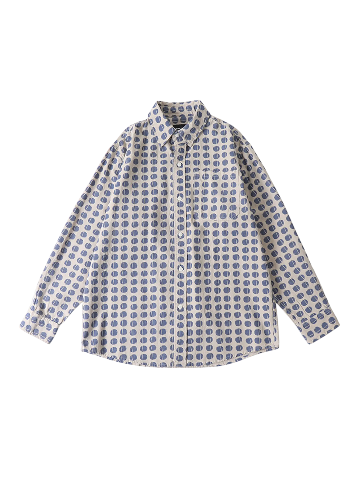 大胆なドット柄と胸ポケットが特徴のコットン100%長袖シャツ。快適な着心地で多用途に活躍。