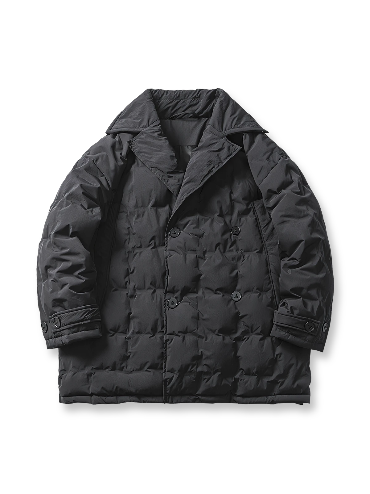 ダブルブレストのスーツカラーが特徴の中長丈ダウンコート