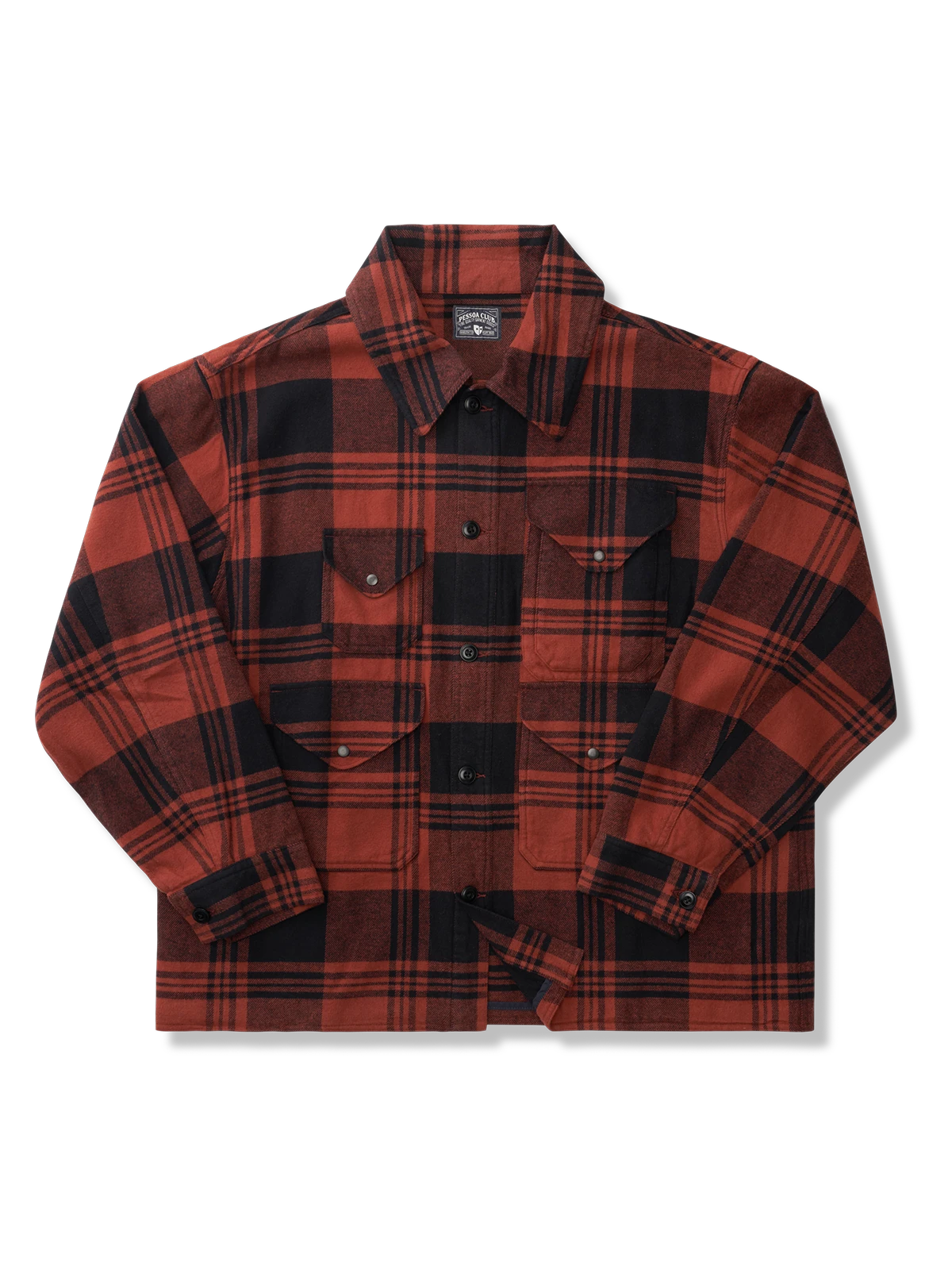 赤・黒・紺のチェック柄で薄手コットン素材のハンティングシャツジャケット。