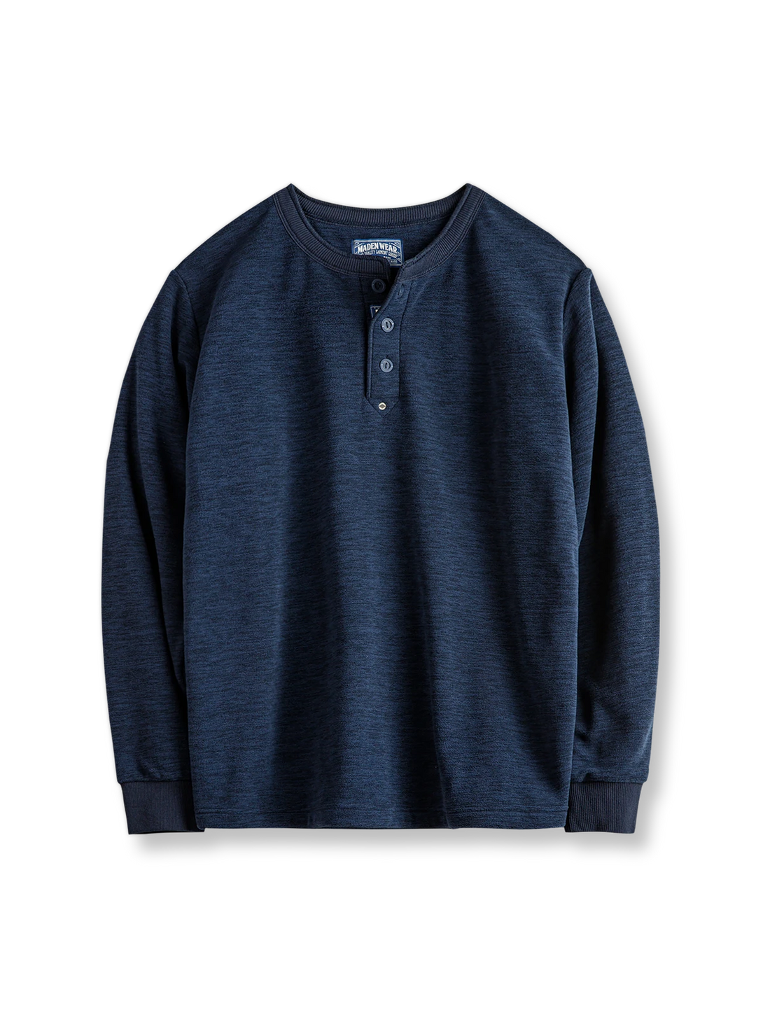 ダブルフリース素材とY字ボタンネックが特徴のヘンリーネック長袖Tシャツ。