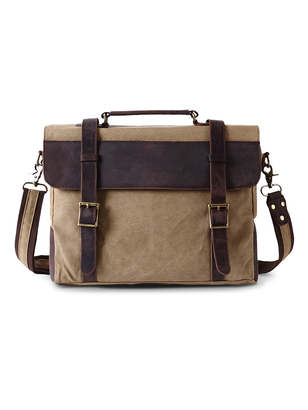 キャンバス素材と牛革を組み合わせたダブルポケットショルダーバッグ。